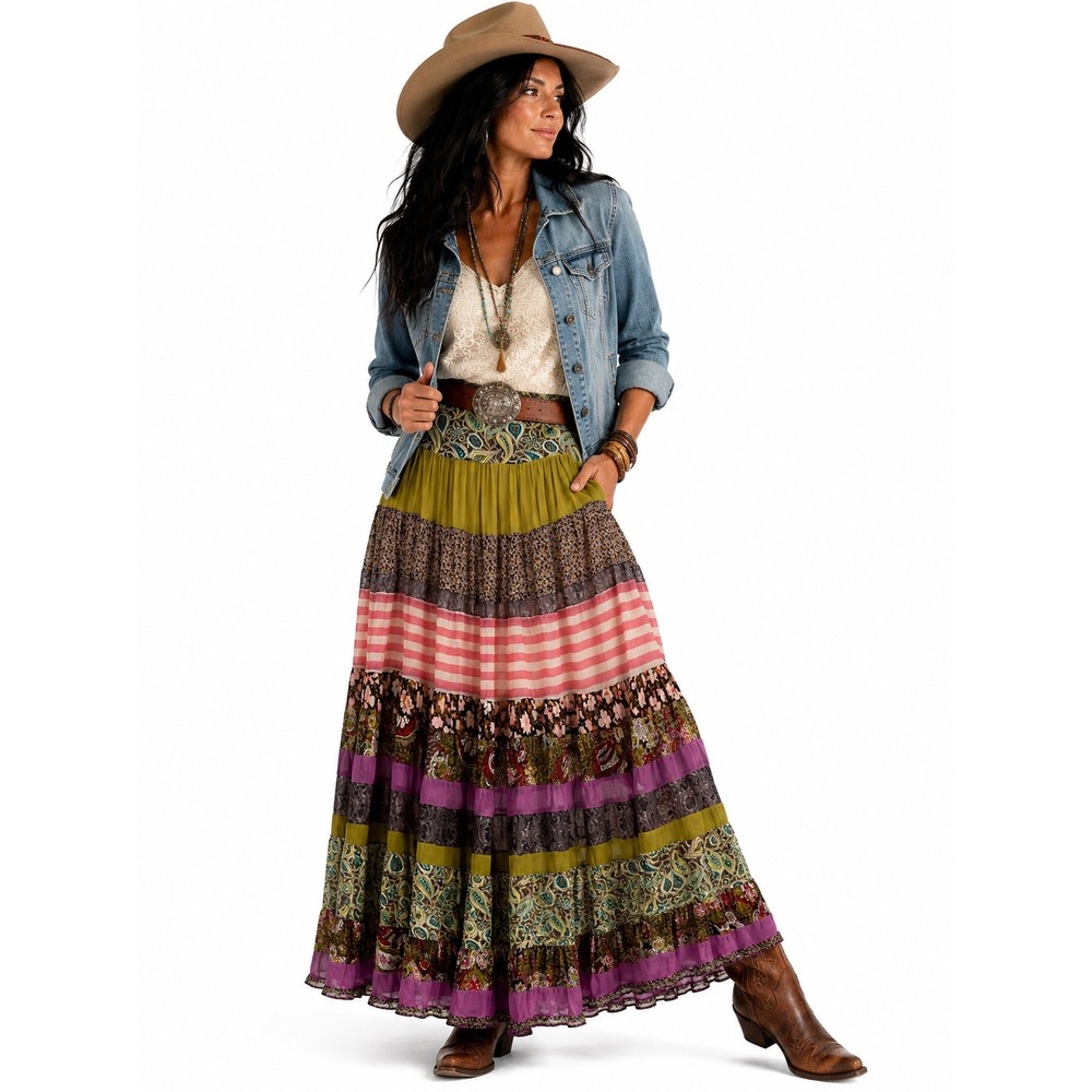 Boho Maxi Skirt 2 Boho Tiered Patchwork Paisley Lace Western Mixed Media